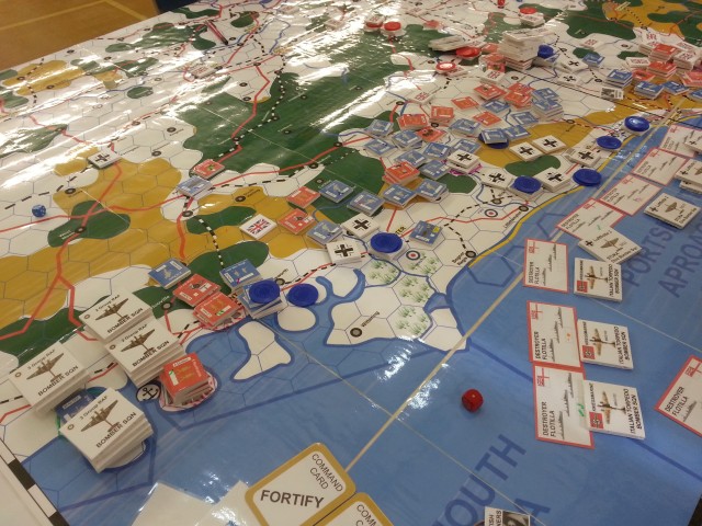 The megagame Don't Panic map at the end of the game, showing the extent of the German advance. 